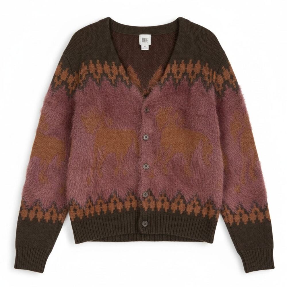BDG Urban Outfitters Women's Small Brown Nordic Fuzzy Horse Cardigan $99 Retail